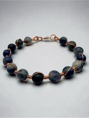Blue Sodalite Beaded Bracelet with Copper Wire Wrap – Handmade Jewelry